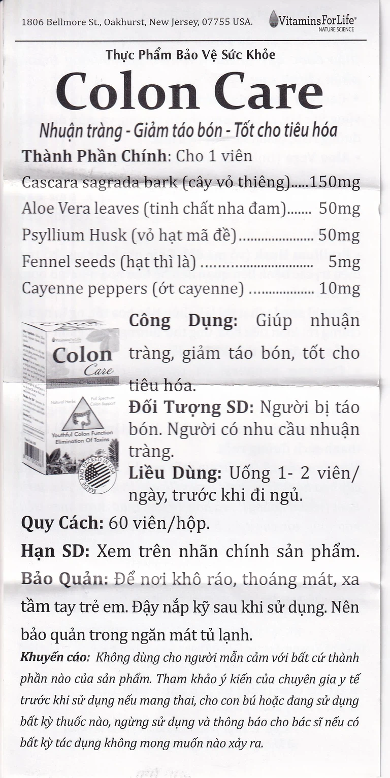 Viên uống Colon Care Vitamins For Life giúp nhuận tràng, giảm táo bón (60 viên)