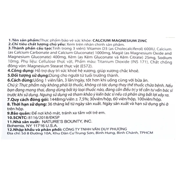 Viên uống Calcium Magnesium Zinc Nature's Bounty hỗ trợ duy trì sức khoẻ hệ xương (100 viên)