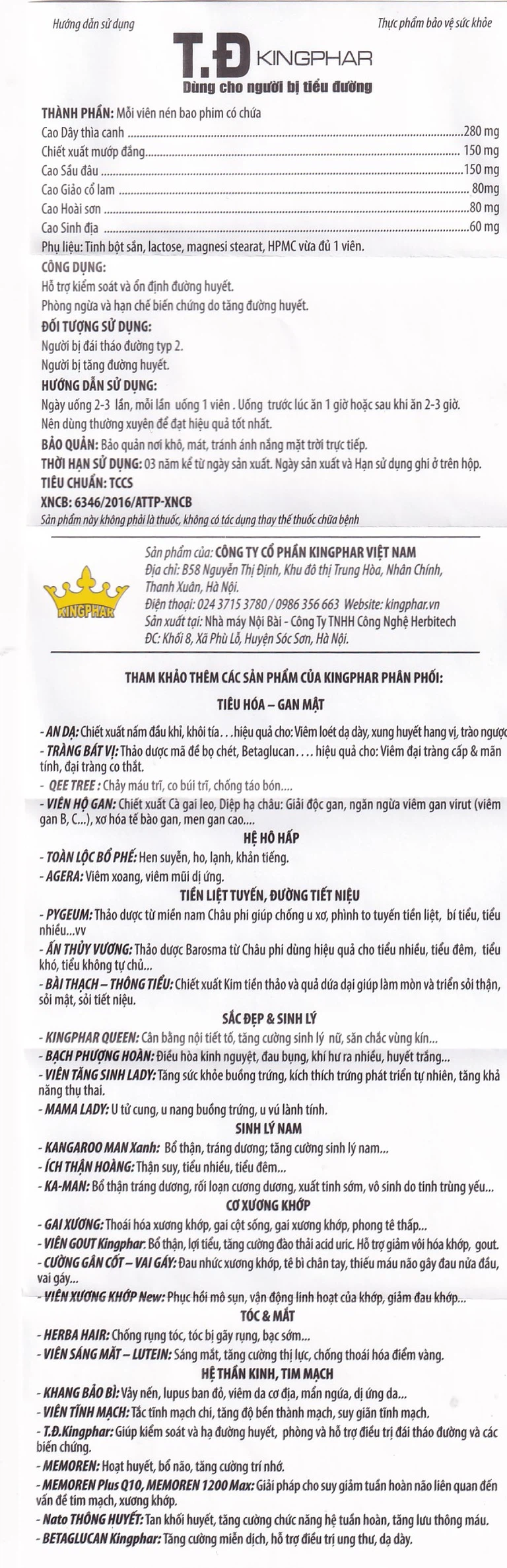 Viên uống T.Đ Kingphar dùng cho người bị tiểu đường (40 viên)