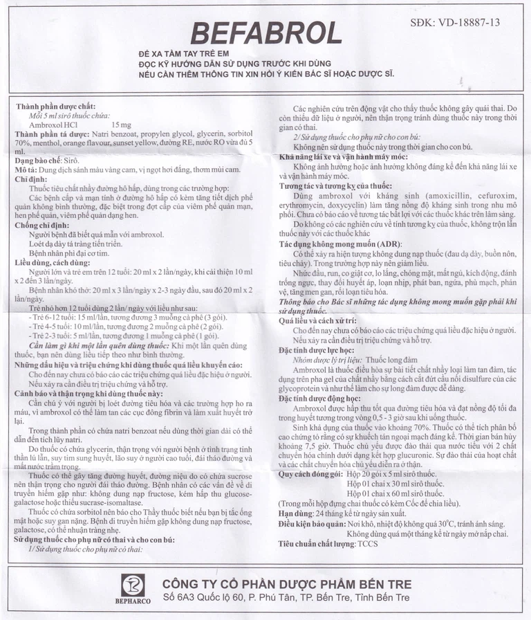 Siro Befabrol 15mg Bepharco tiêu chất nhầy đường hô hấp (20 gói x 5ml)