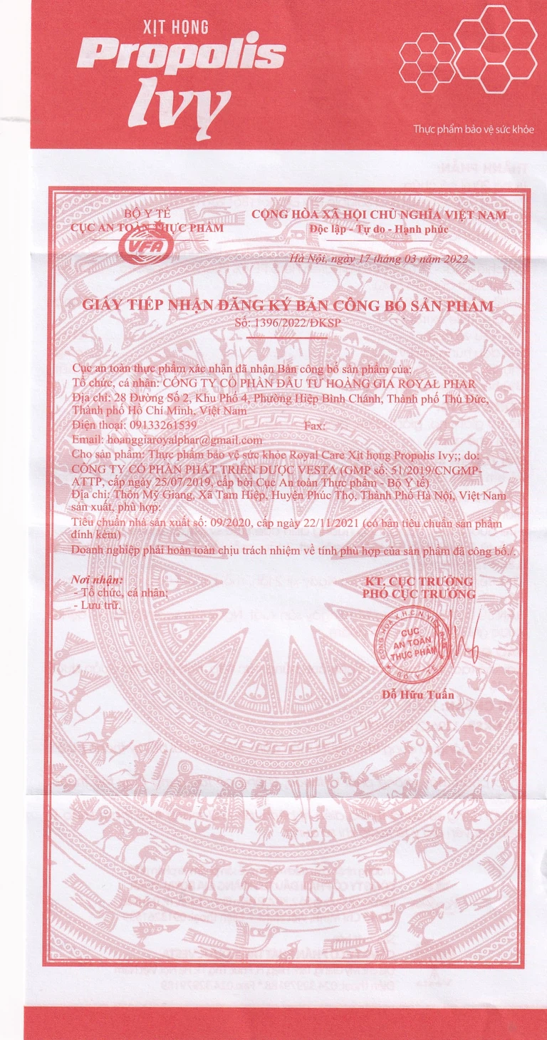 Xịt họng Propolis Ivy Royal Care giảm ho, đờm, đau rát họng, khản tiếng do viêm họng, viêm phế quản (20ml)