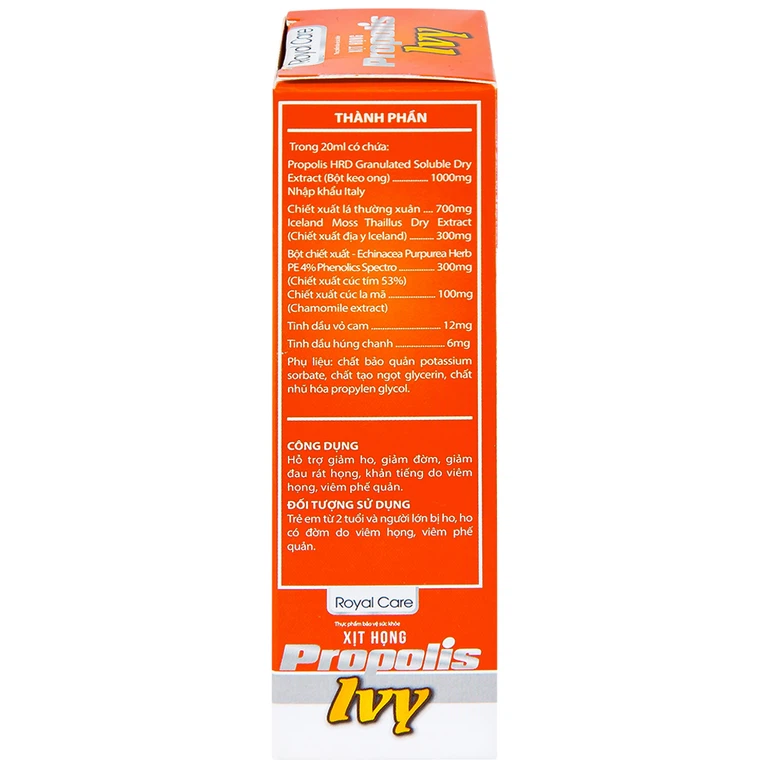 Xịt họng Propolis Ivy Royal Care giảm ho, đờm, đau rát họng, khản tiếng do viêm họng, viêm phế quản (20ml)