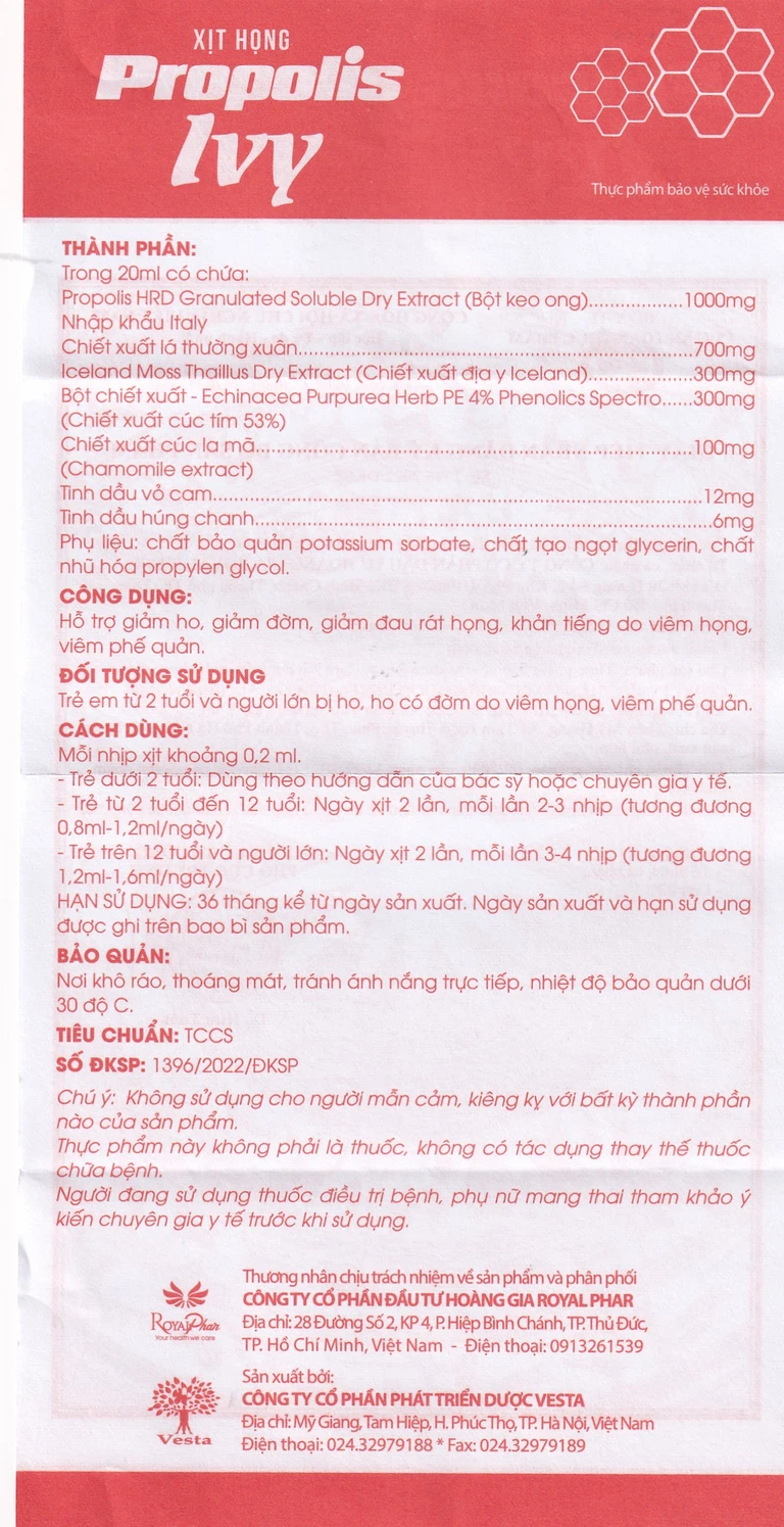 Xịt họng Propolis Ivy Royal Care giảm ho, đờm, đau rát họng, khản tiếng do viêm họng, viêm phế quản (20ml)