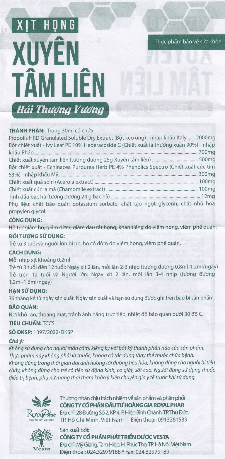 Xịt họng Xuyên Tâm Liên Hải Thượng Vương hỗ trợ giảm ho, giảm đờm, giảm đau rát họng, khàn tiếng (30ml)