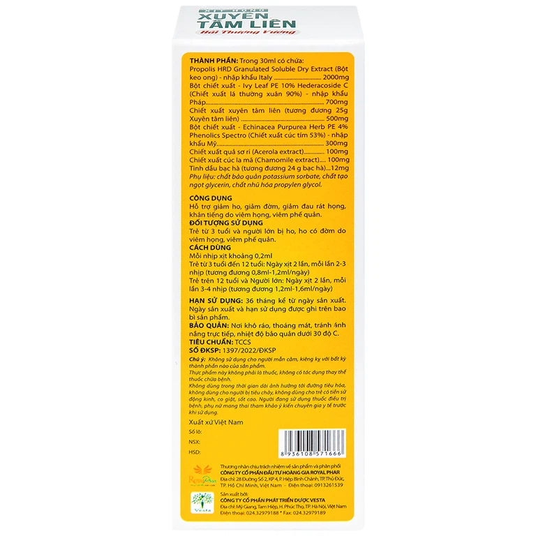 Xịt họng Xuyên Tâm Liên Hải Thượng Vương hỗ trợ giảm ho, giảm đờm, giảm đau rát họng, khàn tiếng (30ml)