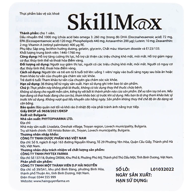 Viên uống SkillMax OCAVILL hỗ trợ tăng cường thị lực, cải thiện các triệu chứng khô mắt (3 vỉ x 10 viên)