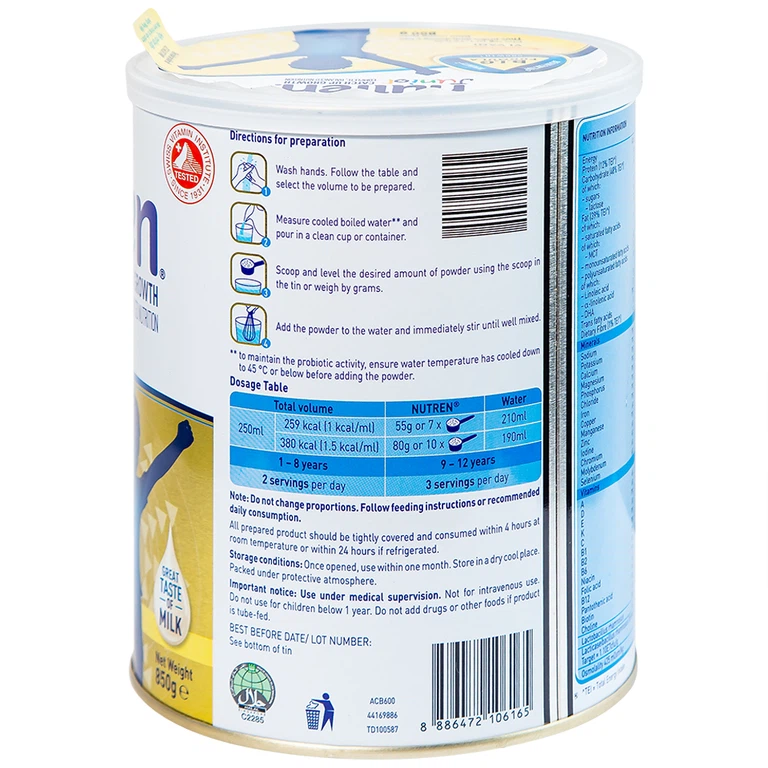 Sữa bột Nutren Junior Nestlé hỗ trợ hệ tiêu hóa cho trẻ từ 1 đến 12 tuổi (850g)