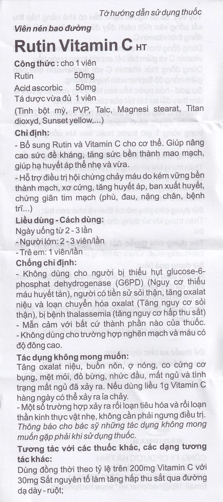 Thuốc Rutin Vitamin C Hadiphar tăng sức bền thành mao mạch, điều trị chứng giãn tĩnh mạch (10 vỉ x 10 viên)