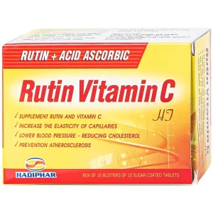 Thuốc Rutin Vitamin C Hadiphar tăng sức bền thành mao mạch, điều trị chứng giãn tĩnh mạch (10 vỉ x 10 viên)