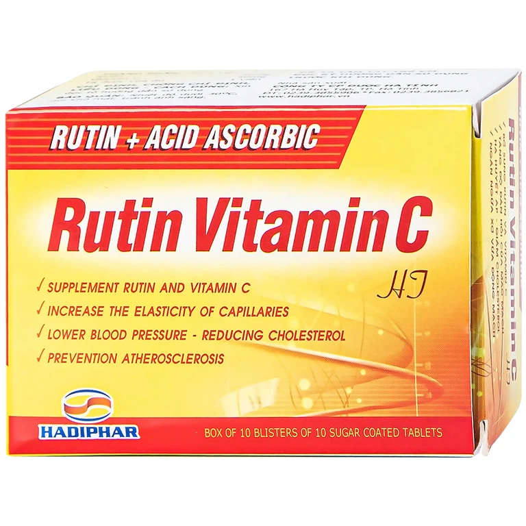 Thuốc Rutin Vitamin C Hadiphar tăng sức bền thành mao mạch, điều trị chứng giãn tĩnh mạch (10 vỉ x 10 viên)