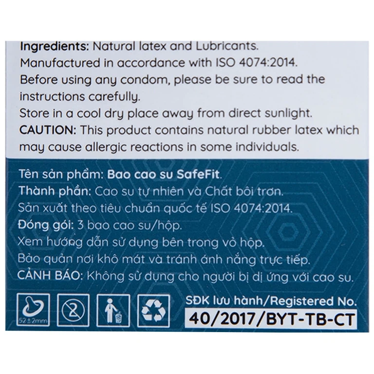 Bao cao su Safefit Comfortable S52 không mùi khó chịu, độ bền cao, khả năng co giãn tốt, chất bôi trơn (3 cái)