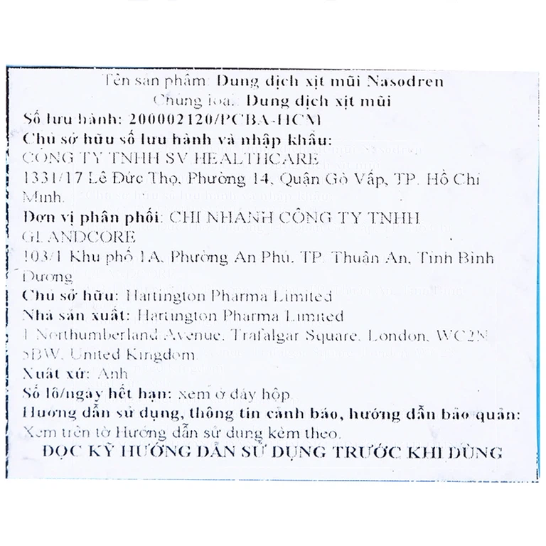 Dung dịch xịt mũi Nasodren Hartington làm sạch mũi, xoang, giảm triệu chứng viêm xoang cấp tính và mãn tính (50mg)