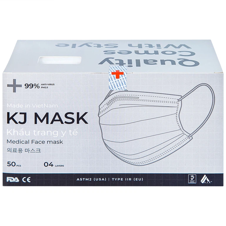 Khẩu trang y tế KJ Mask màu trắng 4 lớp hỗ trợ ngăn khói, bụi, kháng khuẩn (50 cái)
