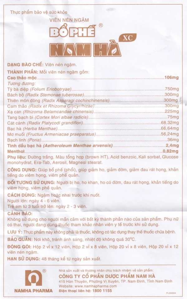 Viên ngậm Bổ Phế Nam Hà XC giảm ho, giảm đờm, đau rát họng (125ml)