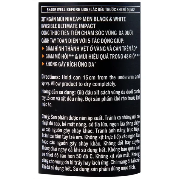 Xịt ngăn mùi Nivea Men Black & White Invisible Ultimate Impact giảm vết ố vàng, mồ hôi và mùi trong 48h (150ml)