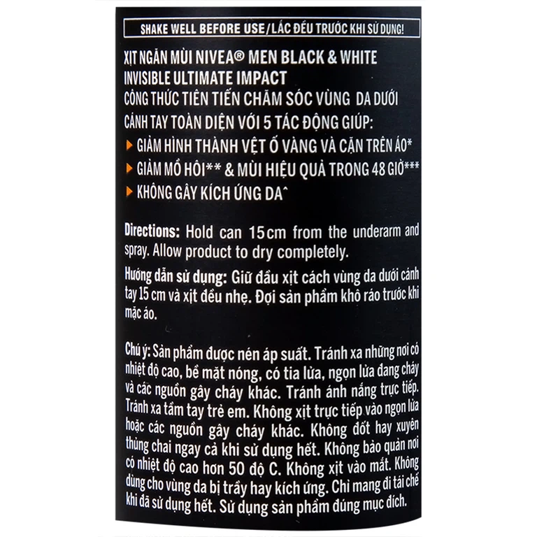 Xịt ngăn mùi Nivea Men Black & White Invisible Ultimate Impact giảm vết ố vàng, mồ hôi và mùi trong 48h (150ml)