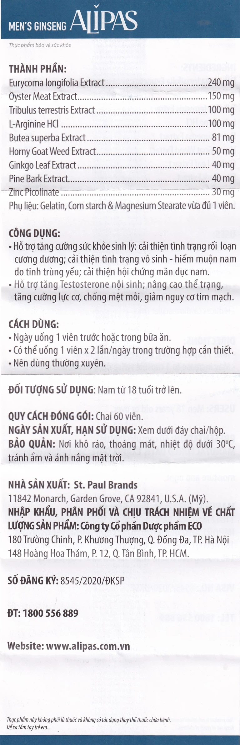 Viên uống Men’s Ginseng Alipas Ecogreen cải thiện rối loạn cương dương (60 viên)