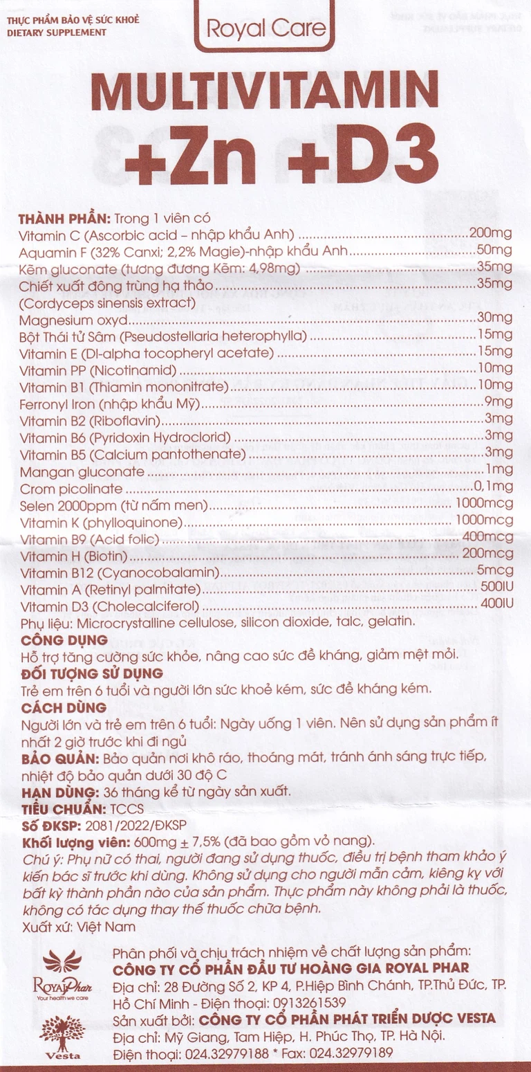 Viên uống Multivitamin +Zn +D3 Royal Care hỗ trợ tăng cường sức khỏe, nâng cao sức đề kháng (60 viên)
