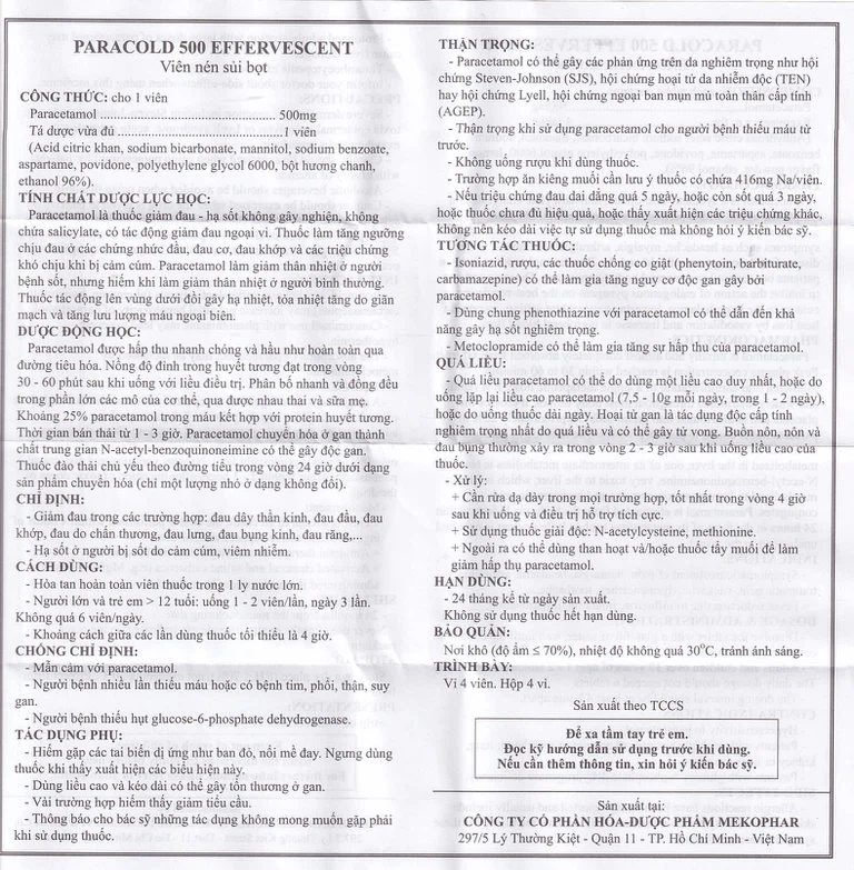Viên sủi Paracold 500 Effervescent Mekophar giảm đau thần kinh, đau đầu, đau khớp (4 vỉ x 4 viên)