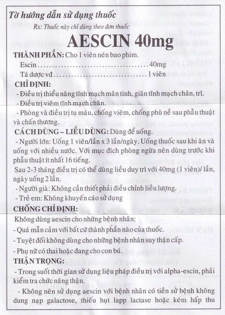Viên nén Aescin 40mg Minh Hải điều trị thiểu năng tĩnh mạch, tụ máu (3 vỉ x 10 viên)