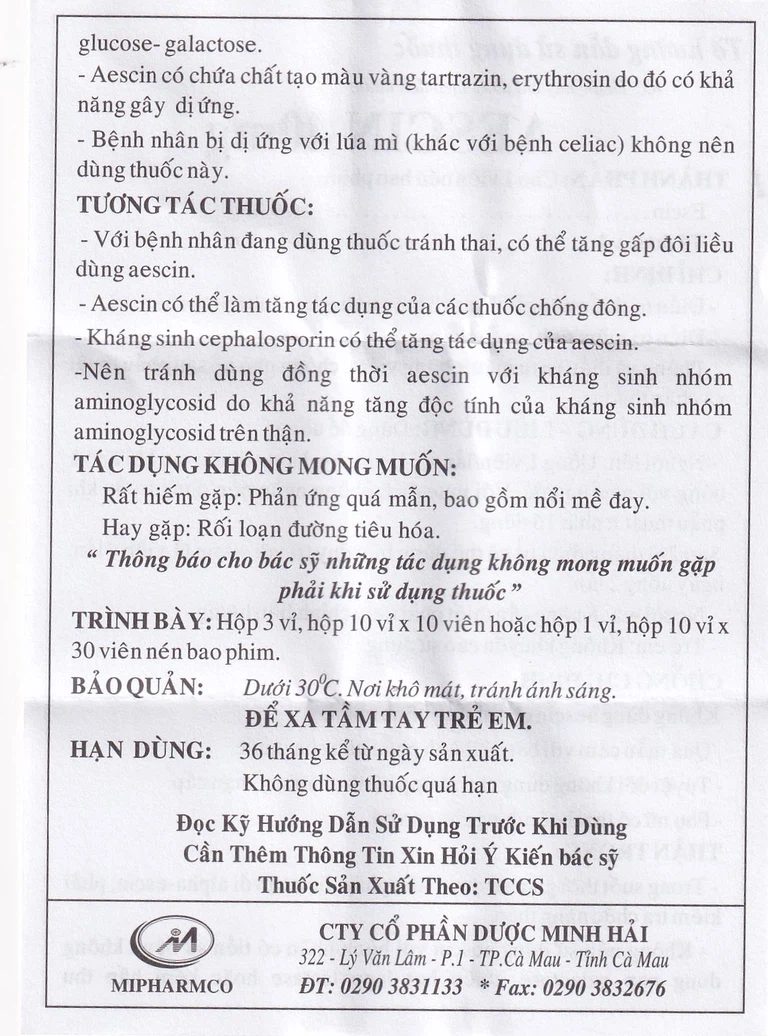 Viên nén Aescin 40mg Minh Hải điều trị thiểu năng tĩnh mạch, tụ máu (3 vỉ x 10 viên)