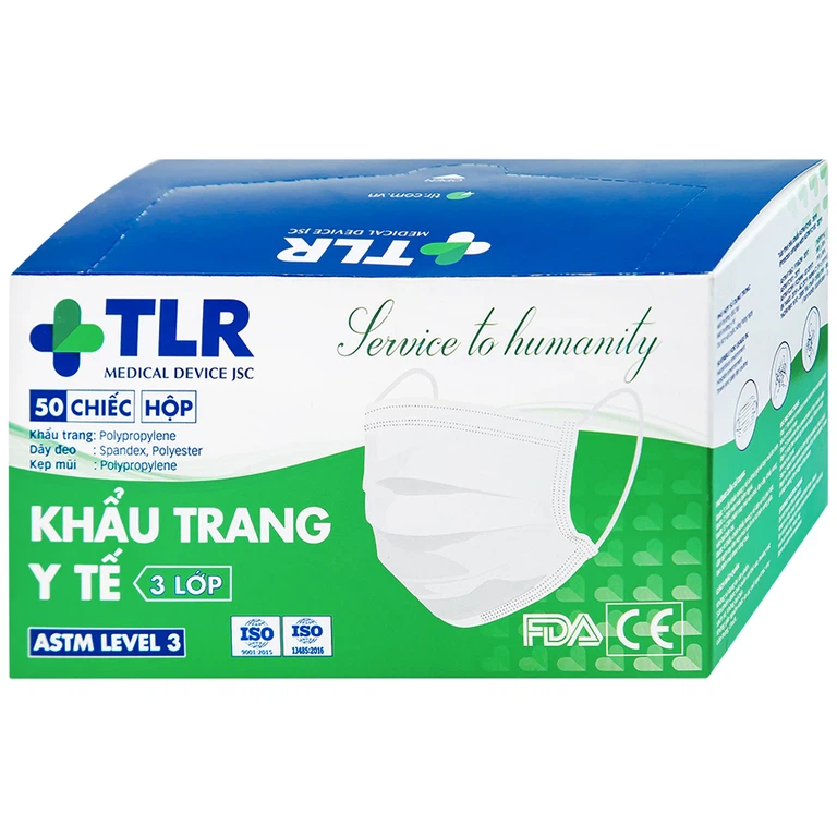 Khẩu trang y tế TLR màu trắng 3 lớp hỗ trợ ngăn khói, bụi, kháng khuẩn (50 cái)