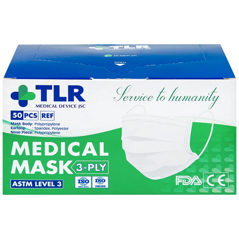 Khẩu trang y tế TLR màu trắng 3 lớp hỗ trợ ngăn khói, bụi, kháng khuẩn (50 cái)