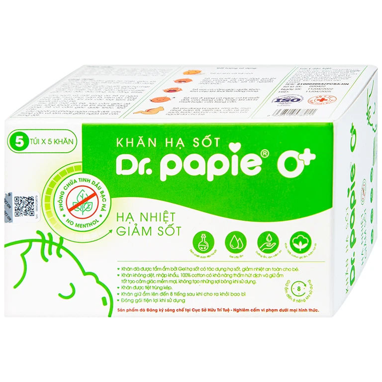 Khăn hạ sốt DR.Papie 0+ hỗ trợ hạ nhiệt giảm sốt (5 túi x 5 khăn)