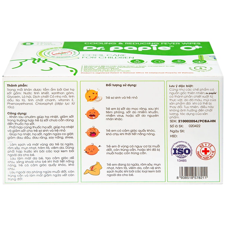 Khăn hạ sốt DR.Papie 0+ hỗ trợ hạ nhiệt giảm sốt (5 túi x 5 khăn)