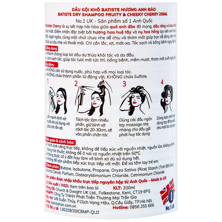 Dầu gội khô Batiste hương anh đào Dry Shampoo Fruity And Cheeky Cherry (200ml)