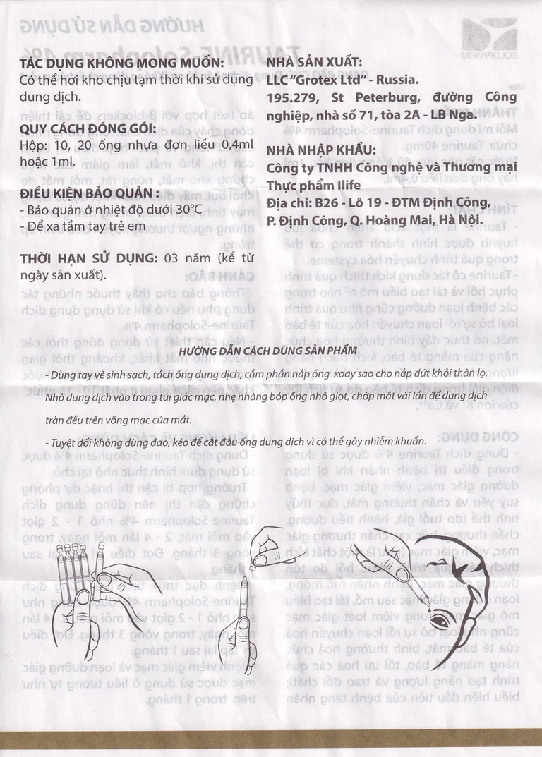 Dung dịch nhãn khoa Taurine-Solopharm 4% điều trị loạn dưỡng giác mạc, viêm giác mạc (20 tuýp x 0,4ml)