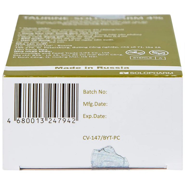 Dung dịch nhãn khoa Taurine-Solopharm 4% điều trị loạn dưỡng giác mạc, viêm giác mạc (20 tuýp x 0,4ml)