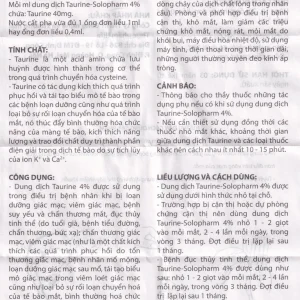 Dung dịch nhãn khoa Taurine-Solopharm 4% điều trị loạn dưỡng giác mạc, viêm giác mạc (20 tuýp x 0,4ml)