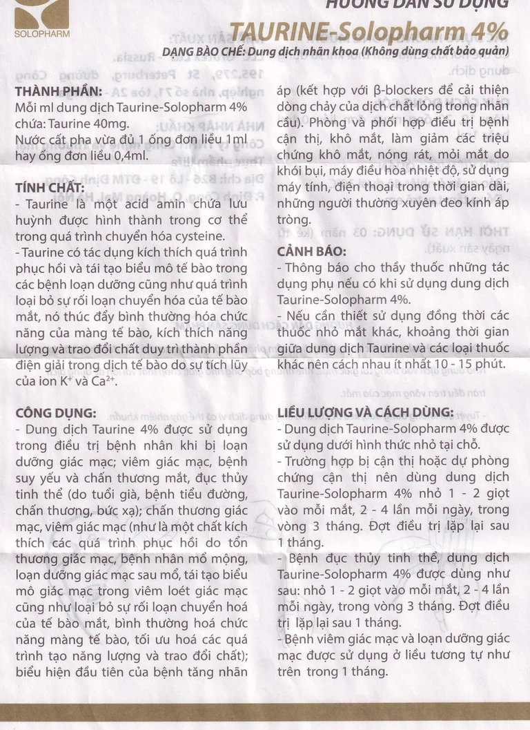 Dung dịch nhãn khoa Taurine-Solopharm 4% điều trị loạn dưỡng giác mạc, viêm giác mạc (20 tuýp x 0,4ml)