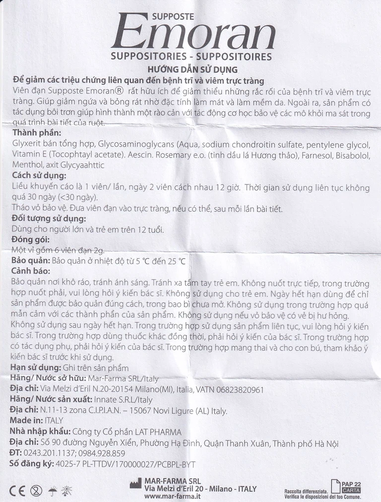 Viên đặt Supposte Emoran giảm các triệu chứng của bệnh trĩ, viêm trực tràng (6 viên)