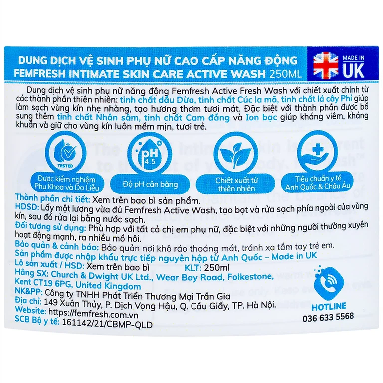 Dung dịch vệ sinh phụ nữ Femfresh Intimate Skin Care Active Wash làm sạch, khử mùi hôi, thơm vùng kín (250ml)