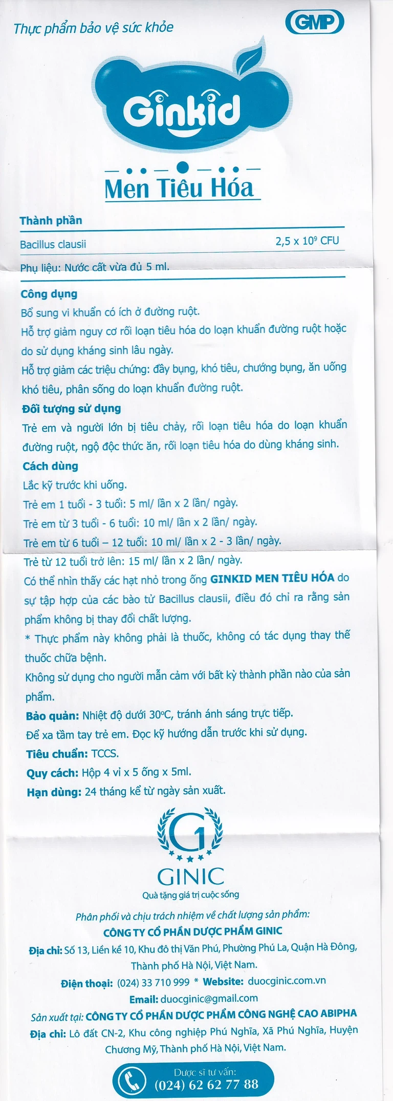 Men Tiêu Hoá Ginkid GINIC bổ sung vi khuẩn có ích ở đường ruột (4 vỉ x 5 ống x 5ml)