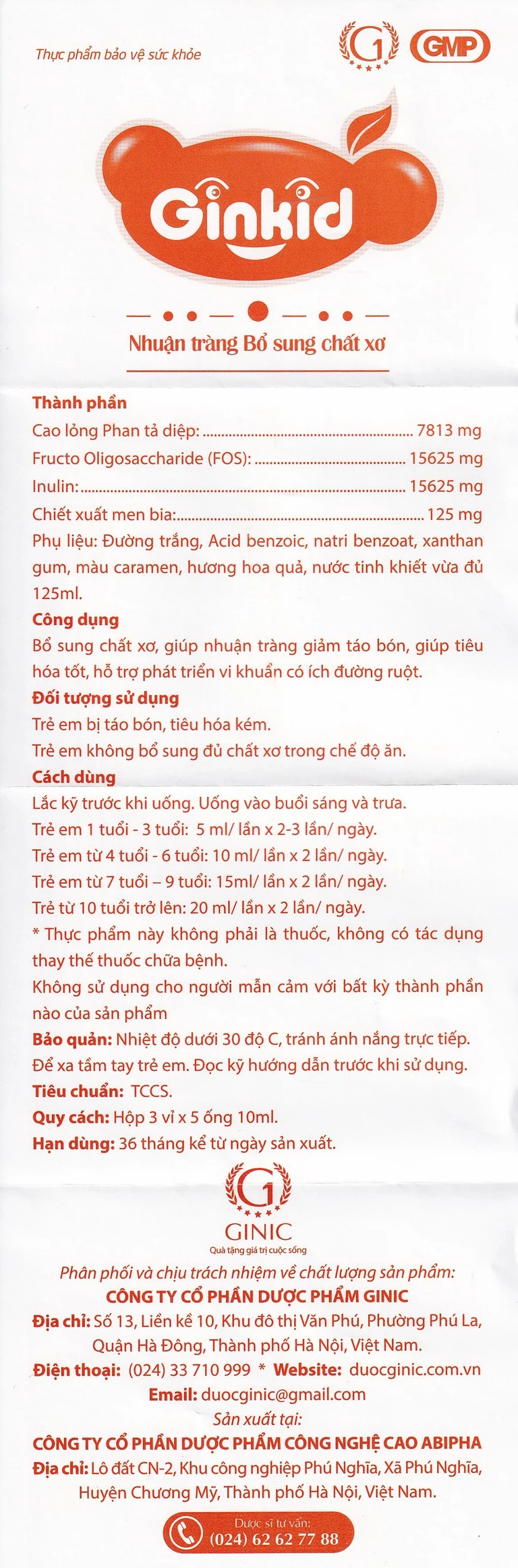 Siro Ginkid GINIC nhuận tràng, bổ sung chất xơ (3 vỉ x 5 ống x 10ml)