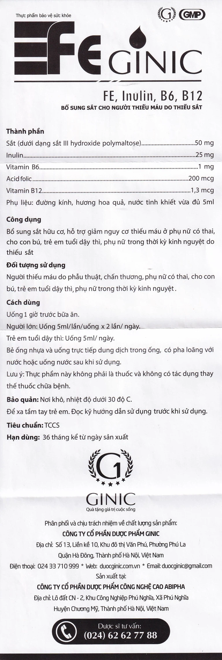 Dung dịch Feginic bổ sung sắt cho người thiếu máu do thiếu sắt (4 vỉ x 5 ống x 5ml)