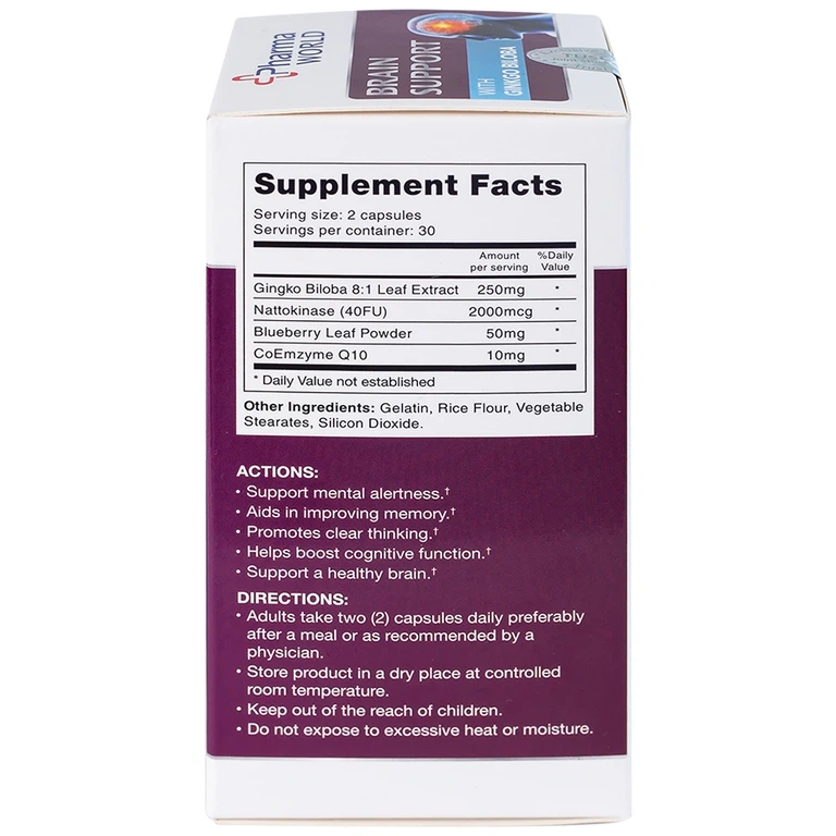 Viên uống Brain Support Pharma World hỗ trợ sức khỏe cho não (60 viên)