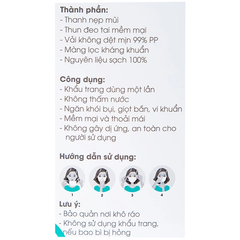 Khẩu trang y tế Liworldco màu trắng 4 lớp hỗ trợ ngăn khói, bụi, kháng khuẩn (5 gói x 10 cái)