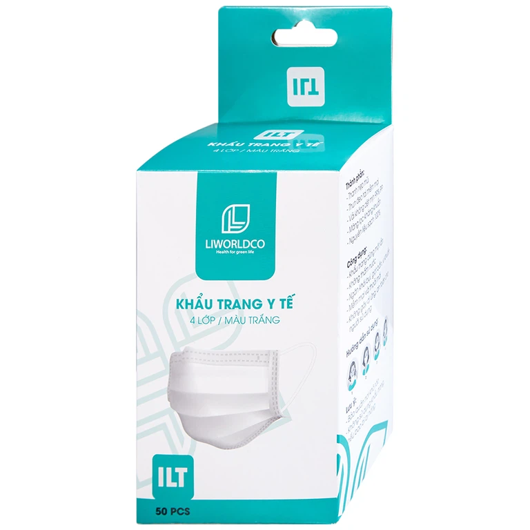 Khẩu trang y tế Liworldco màu trắng 4 lớp hỗ trợ ngăn khói, bụi, kháng khuẩn (5 gói x 10 cái)