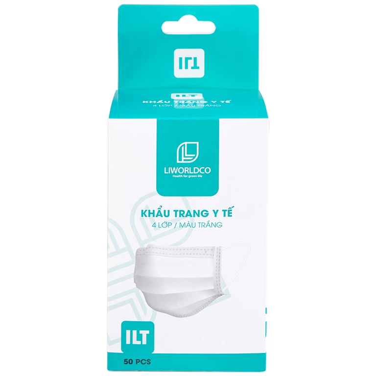 Khẩu trang y tế Liworldco màu trắng 4 lớp hỗ trợ ngăn khói, bụi, kháng khuẩn (5 gói x 10 cái)