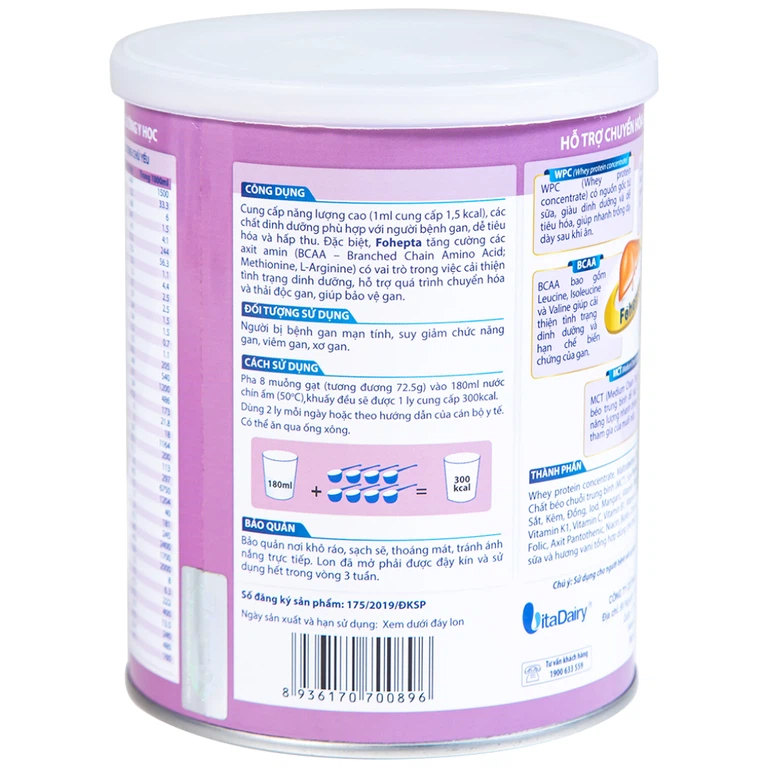 Sữa bột Fohepta Vitadairy dinh dưỡng dành cho bệnh nhân gan (400g)