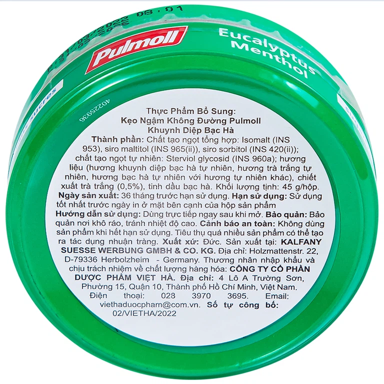Kẹo ngậm không đường Pulmoll Vị Khuynh Diệp Bạc Hà hỗ trợ làm dịu họng và giảm ho (45g)