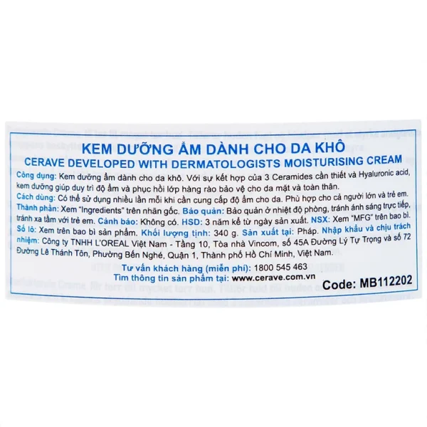 Kem dưỡng ẩm dành cho da khô Cerave Developed With Dermatologists Moisturising Cream 340g