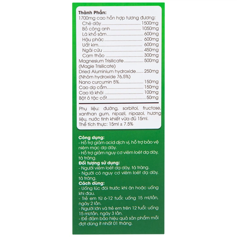 Dung dịch Bảo Dạ Phương Y Nam hỗ trợ giảm acid dịch vị, bảo vệ niêm mạc dạ dày (15 gói x 15ml)