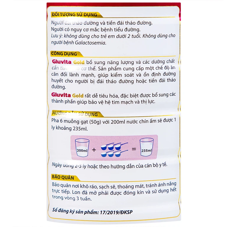 Sữa bột Gluvita Gold Vitadairy bổ sung dinh dưỡng cho người đái tháo đường, tiền đái tháo đường (900g)