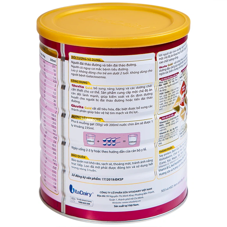 Sữa bột Gluvita Gold Vitadairy bổ sung dinh dưỡng cho người đái tháo đường, tiền đái tháo đường (900g)