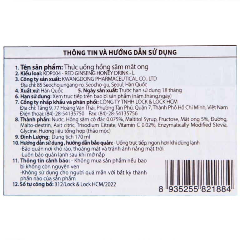Nước Hồng Sâm Mật Ong Kwangdong 170ml hỗ trợ tăng cường sức đề kháng (10 chai)